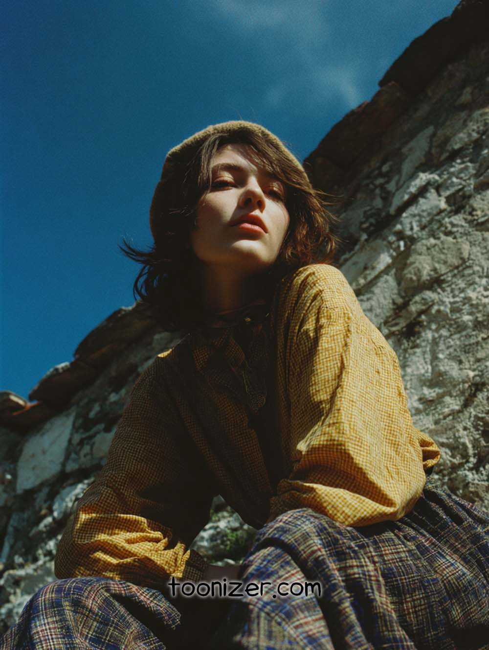 Person in vintage plaid outfit under blue sky