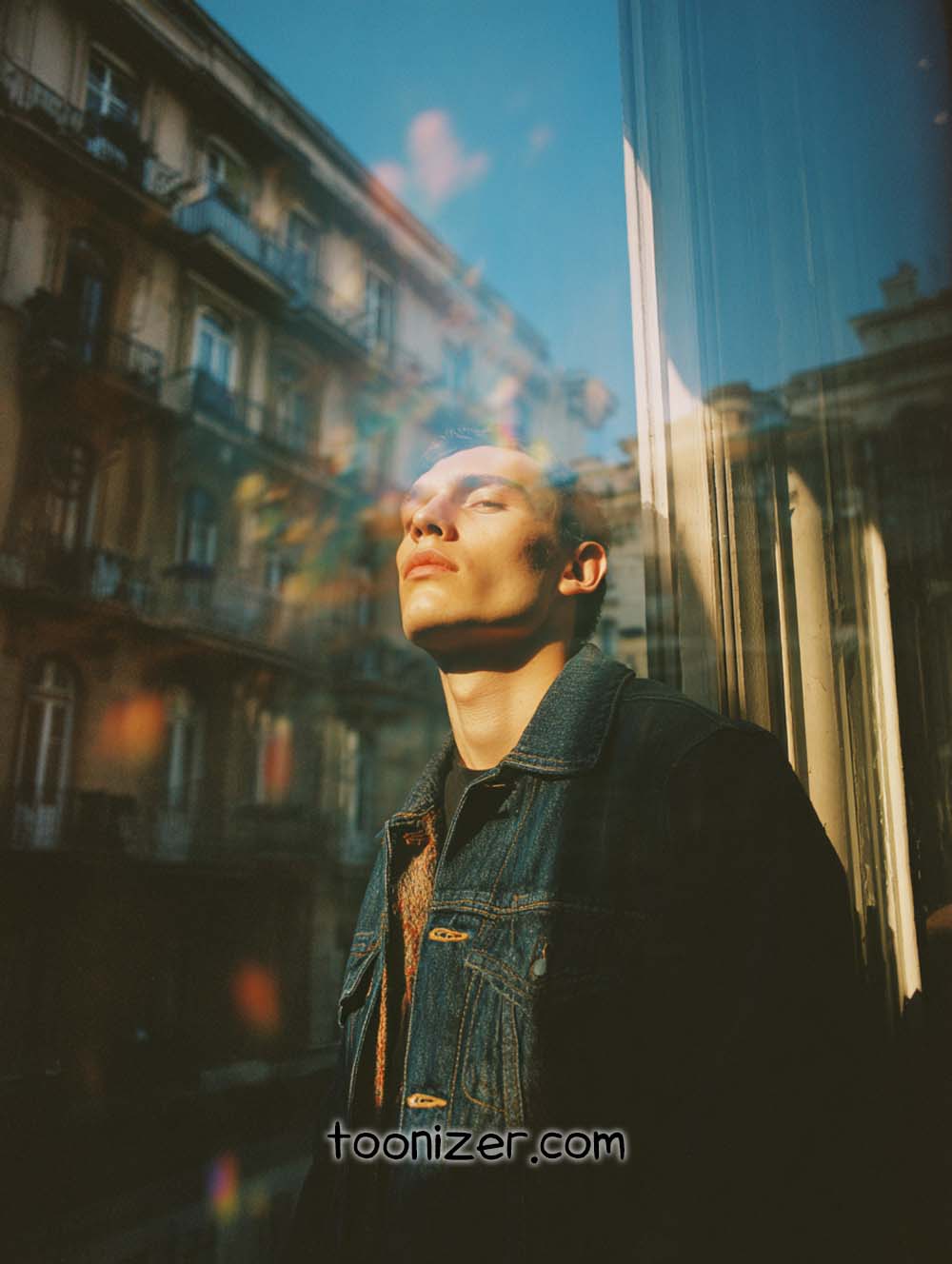 Person basking in sunlight by urban building.