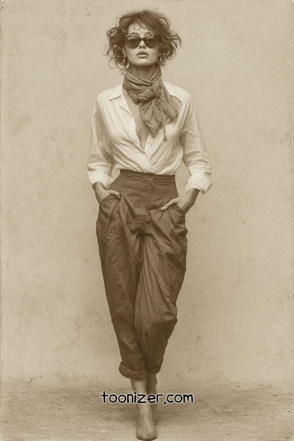 Vintage fashion: woman in sunglasses, scarf, white shirt.