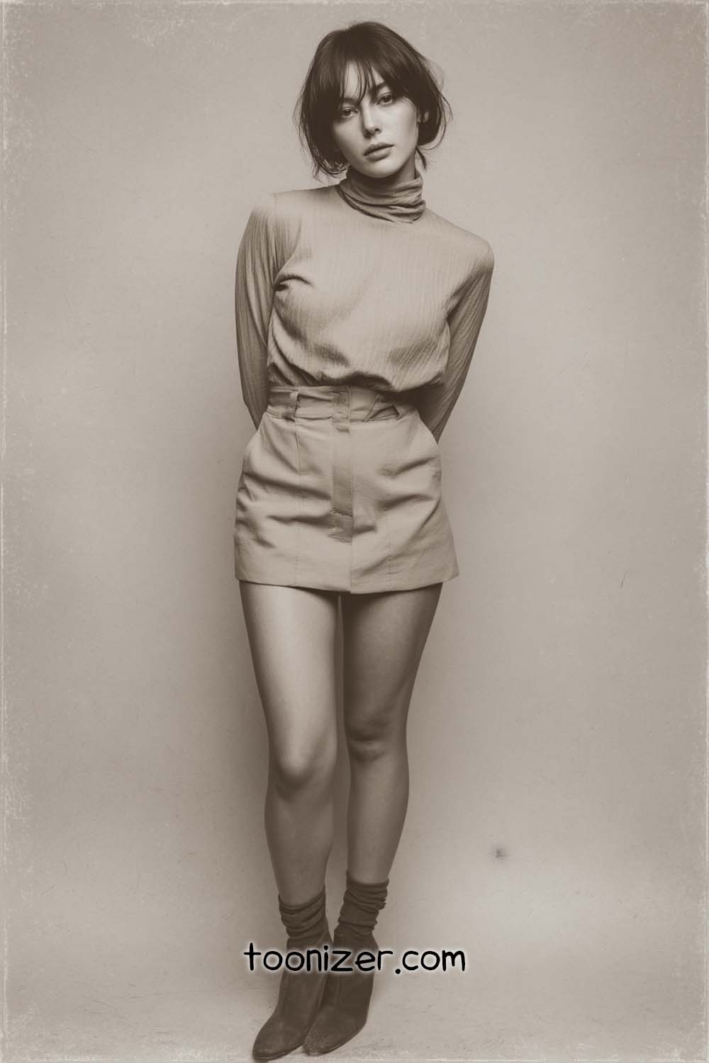 Woman in vintage outfit, sepia toned portrait.