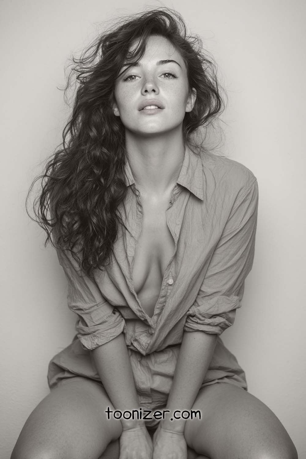 Black-and-white portrait of woman in open shirt.