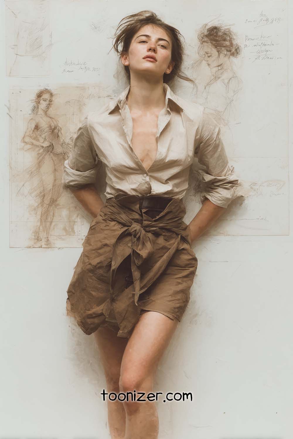 Person posing against wall with sketch drawings.