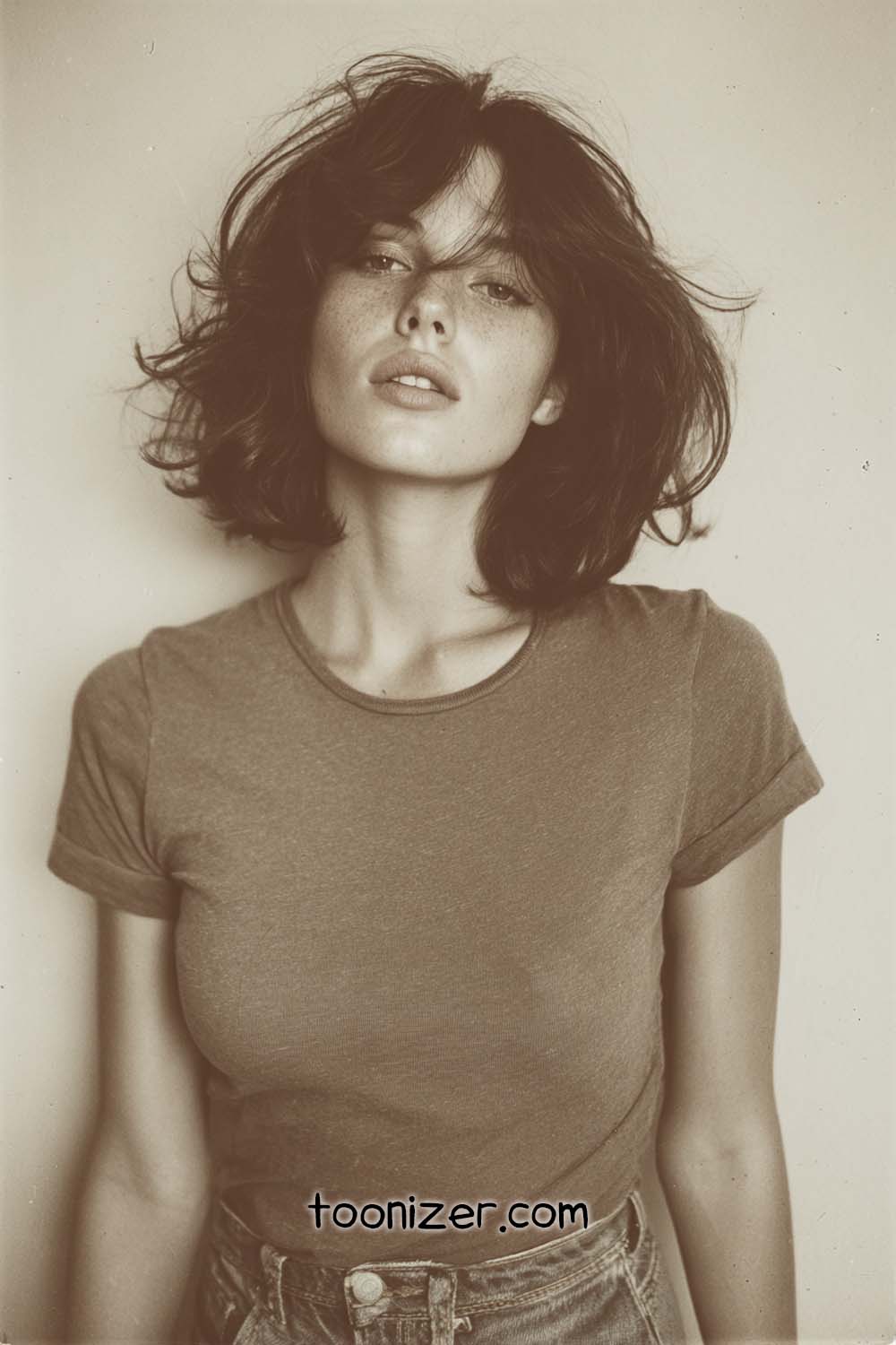Sepia portrait of person with wavy hair and t-shirt.