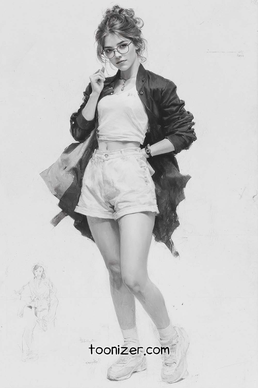 Stylish woman in glasses and casual outfit sketch