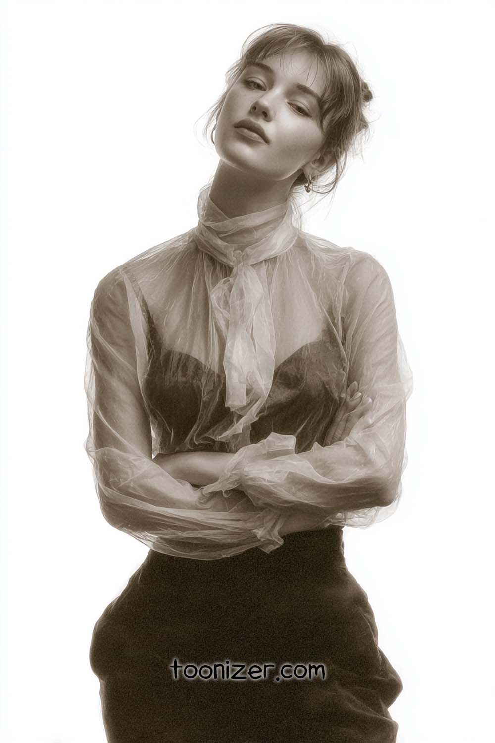 Sepia portrait of woman in transparent blouse