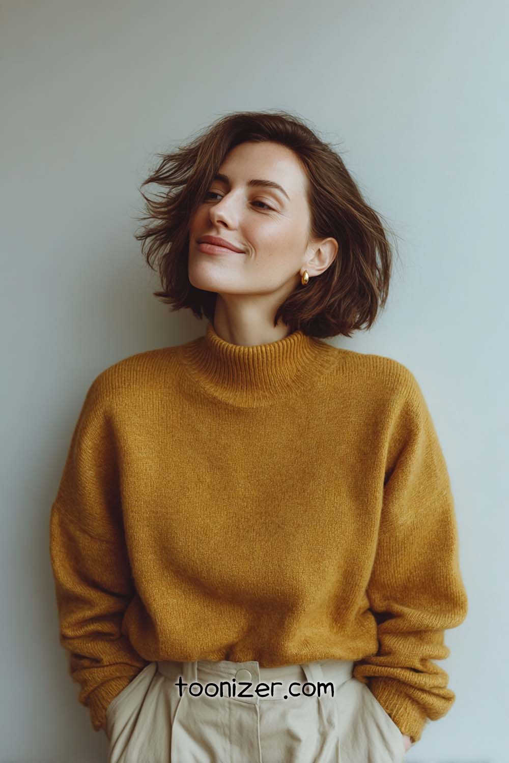 Smiling woman in mustard sweater, leaning on wall.