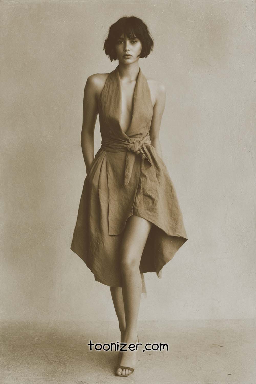 Sepia photo of woman in a flowy dress.