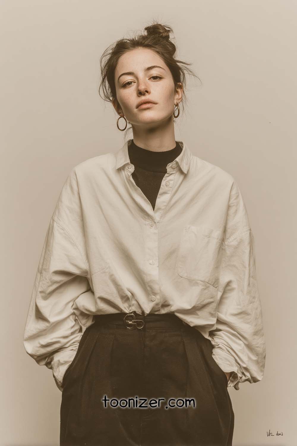 Woman in oversized white shirt, neutral expression