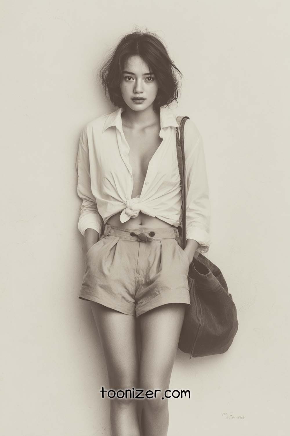 Woman in casual outfit with bag.