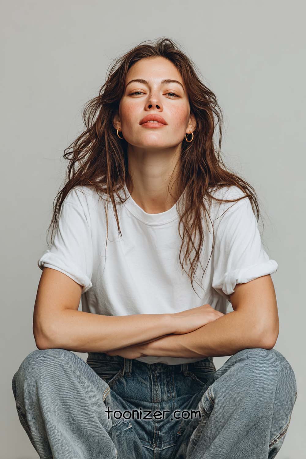 Person sitting casually in white shirt and jeans.