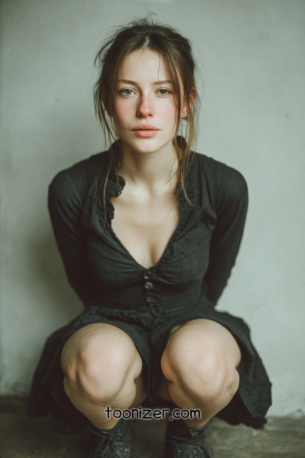 Woman in black dress sitting against wall