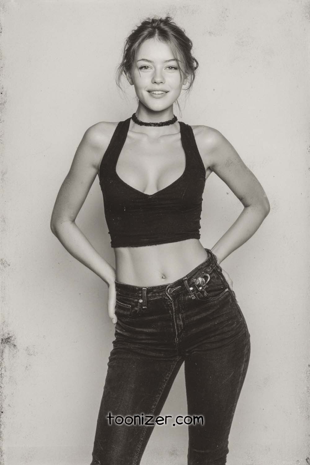 Smiling person in black top and jeans.