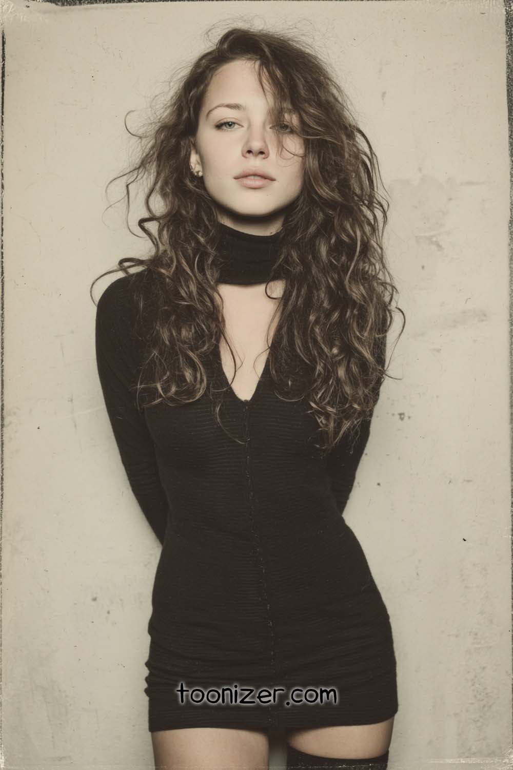 Person with curly hair wearing black dress