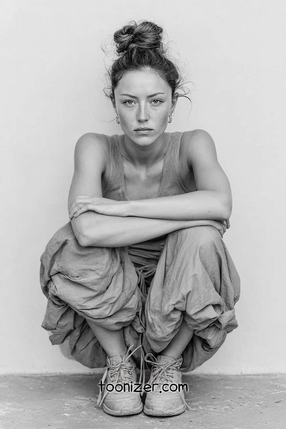 Black and white portrait of a sitting woman.