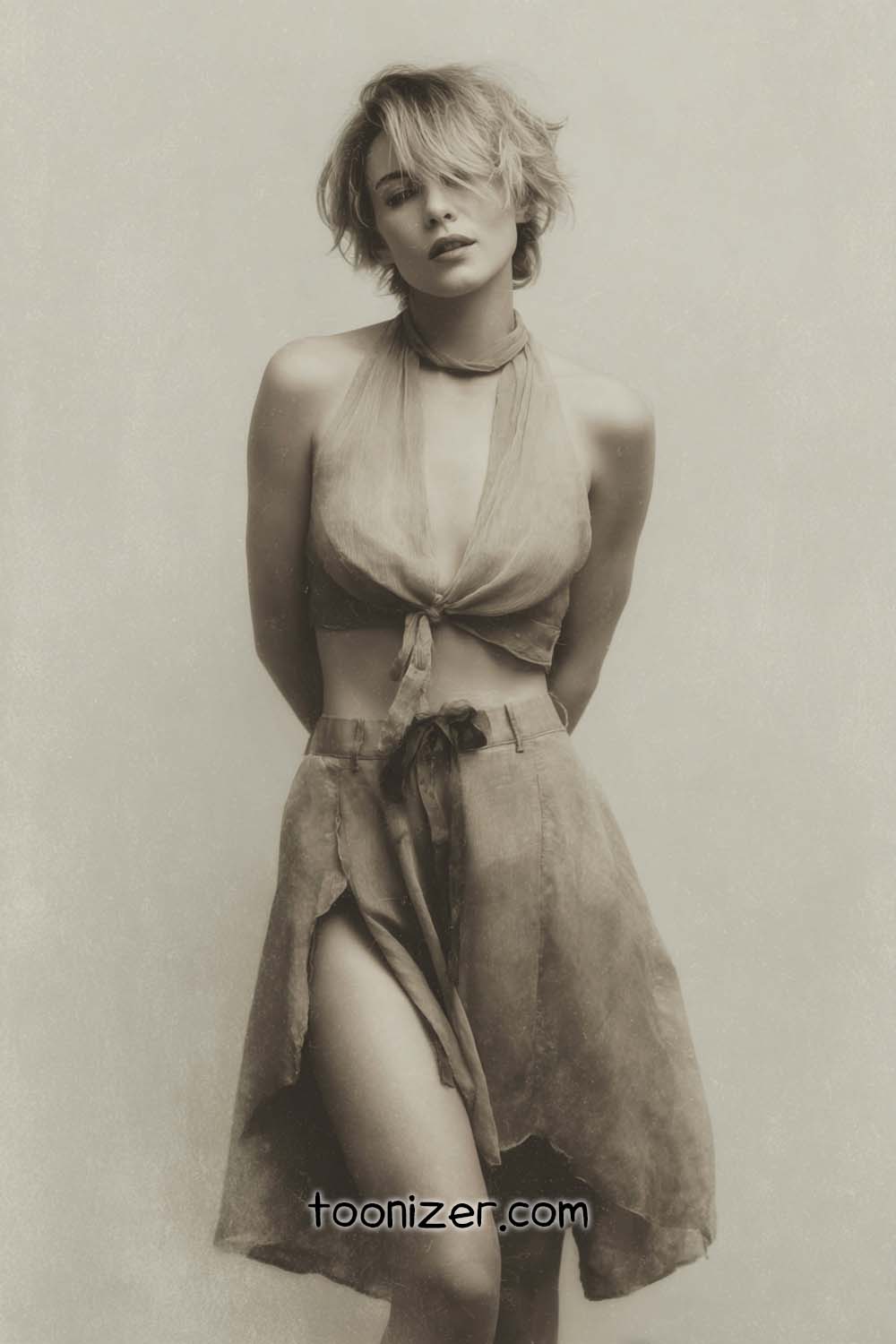 Stylish woman in halter top and skirt.