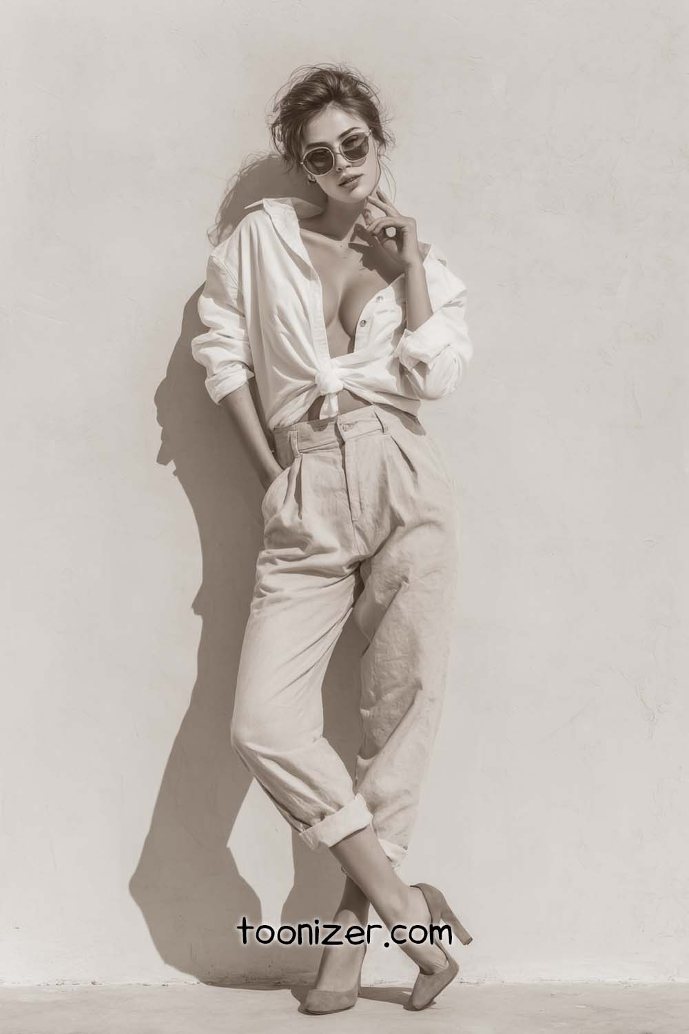 Stylish woman in sunglasses, white shirt, beige pants.