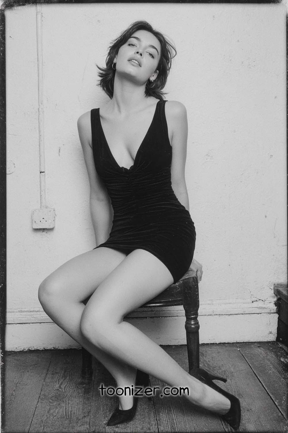 Woman in black dress sitting on chair