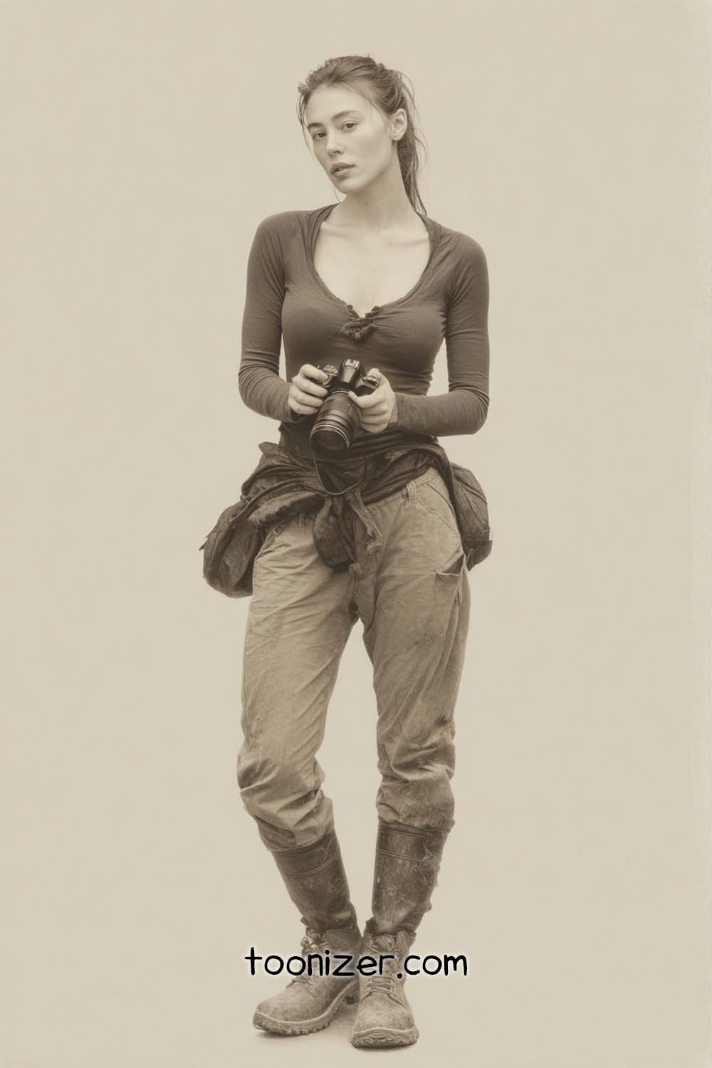 Woman holding camera, relaxed pose, sepia tone