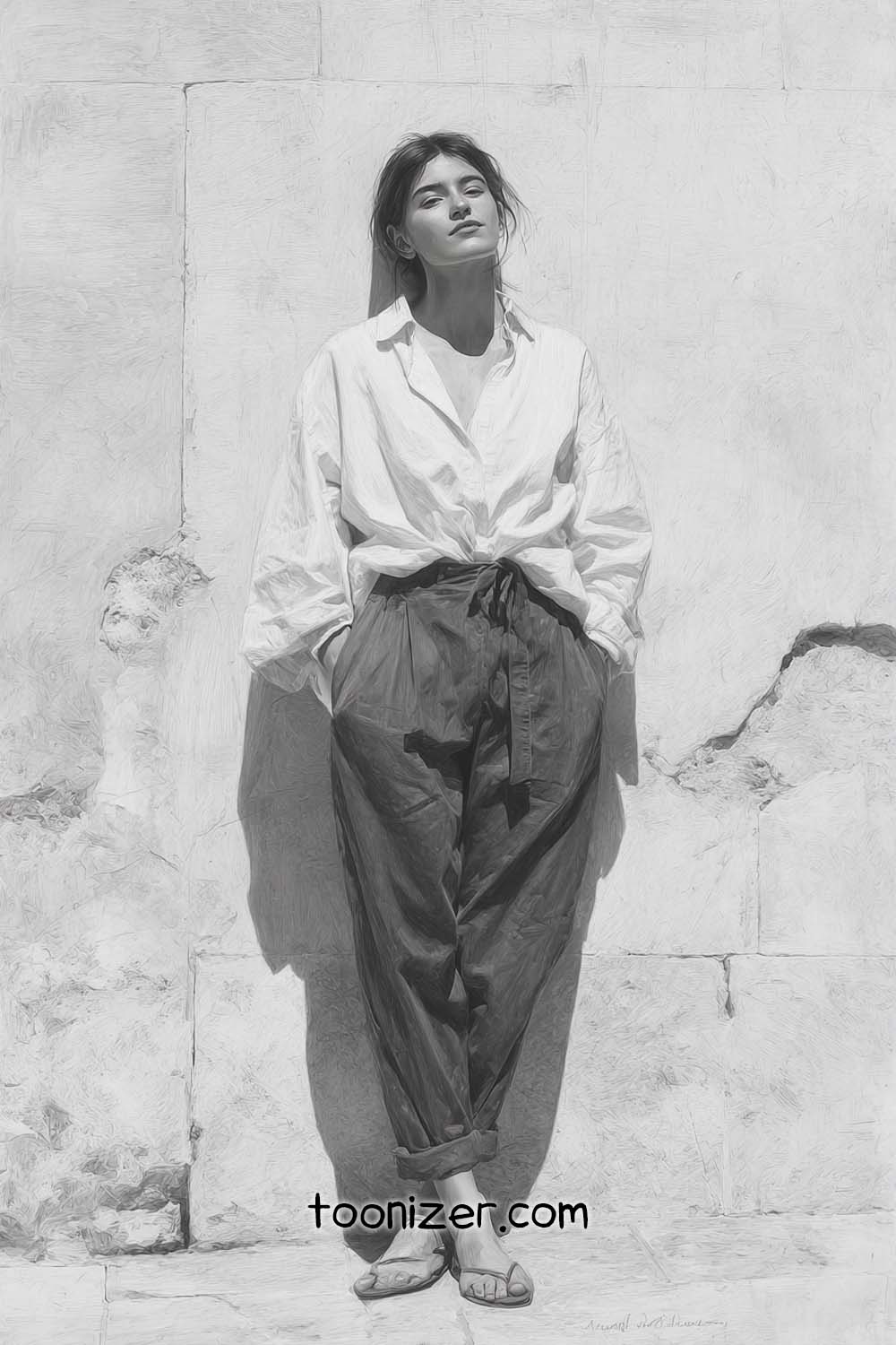 Person in casual attire leaning against wall.