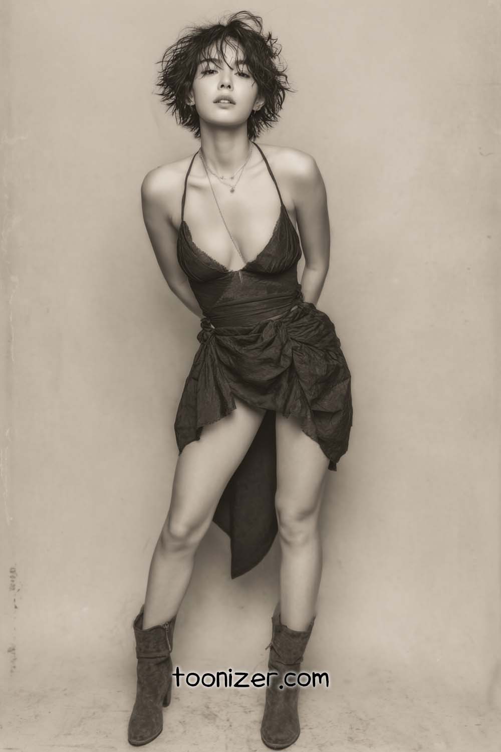 Stylish woman in elegant dress and boots