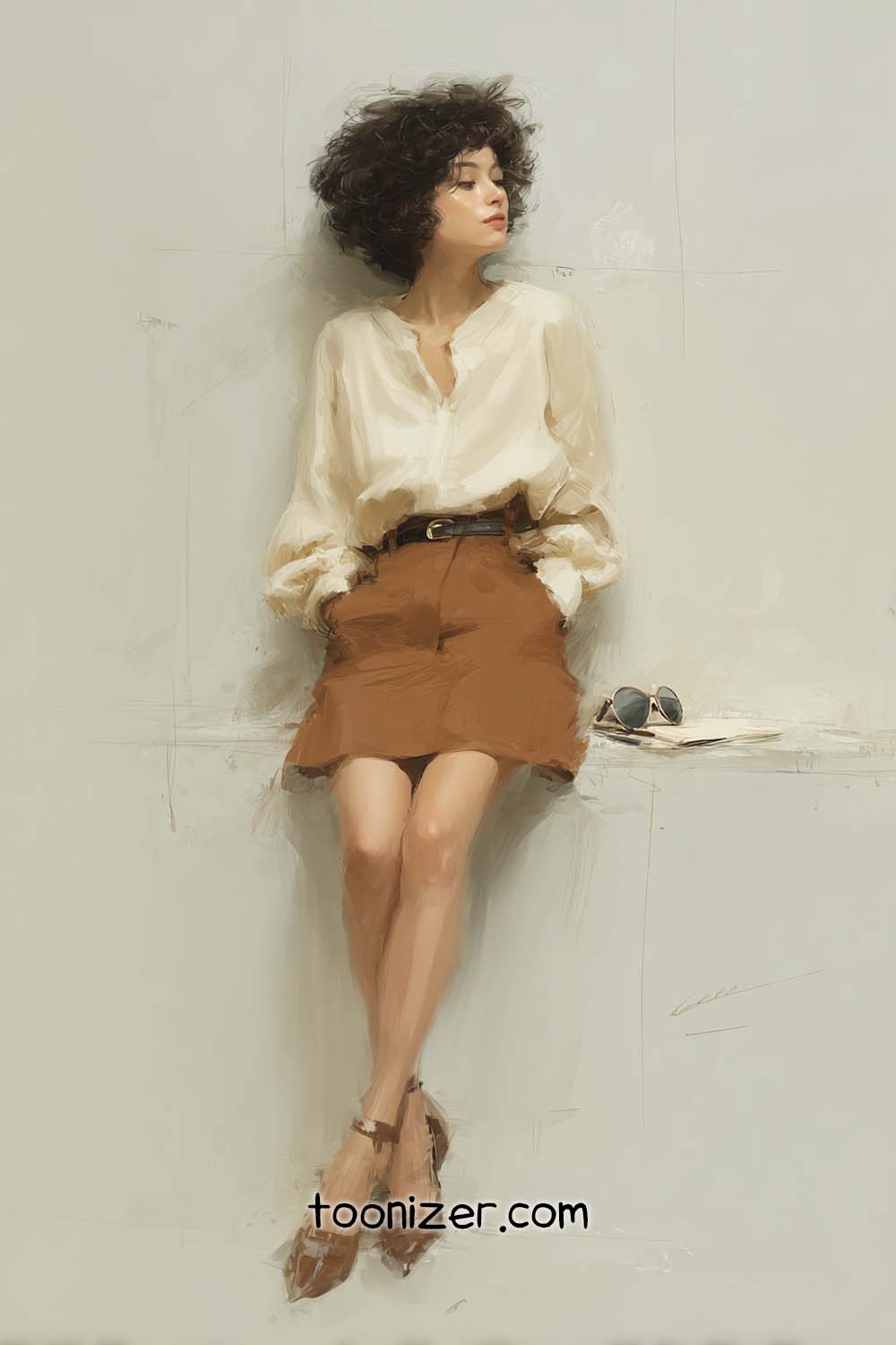 Woman in brown skirt sitting against wall.
