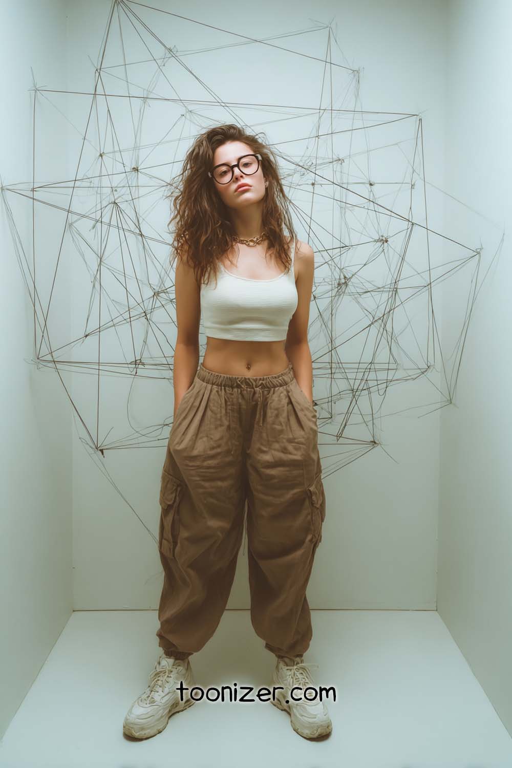 Woman in cargo pants and glasses, geometric background.