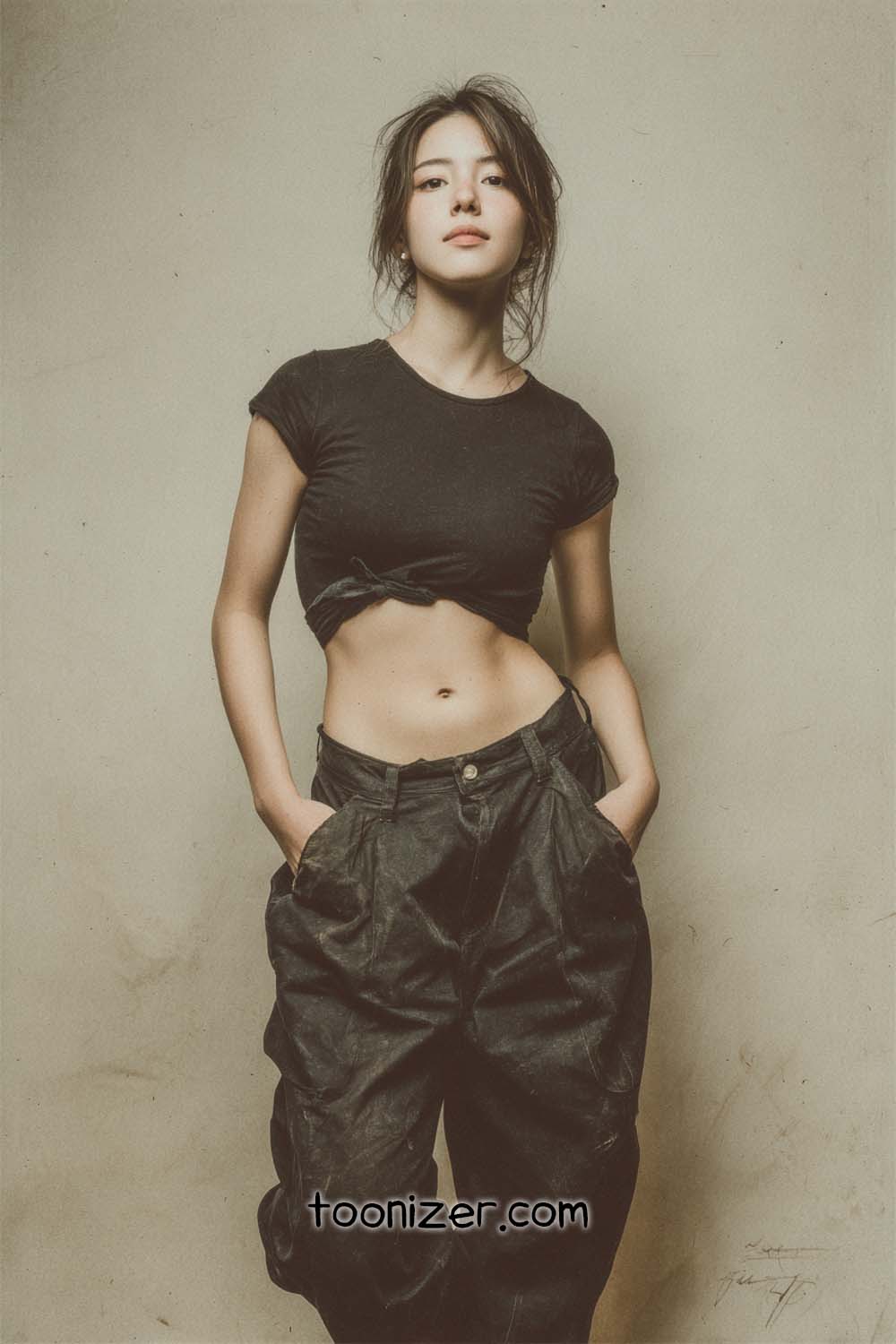 Person in casual black outfit against plain background.