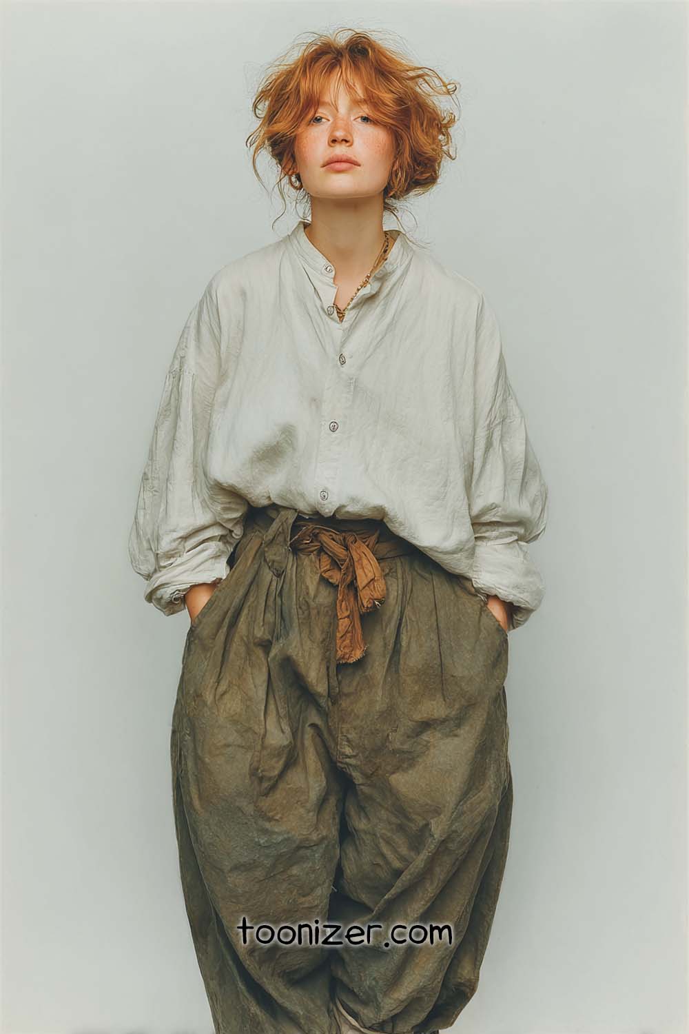 Person wearing oversized vintage clothing with hands in pockets.