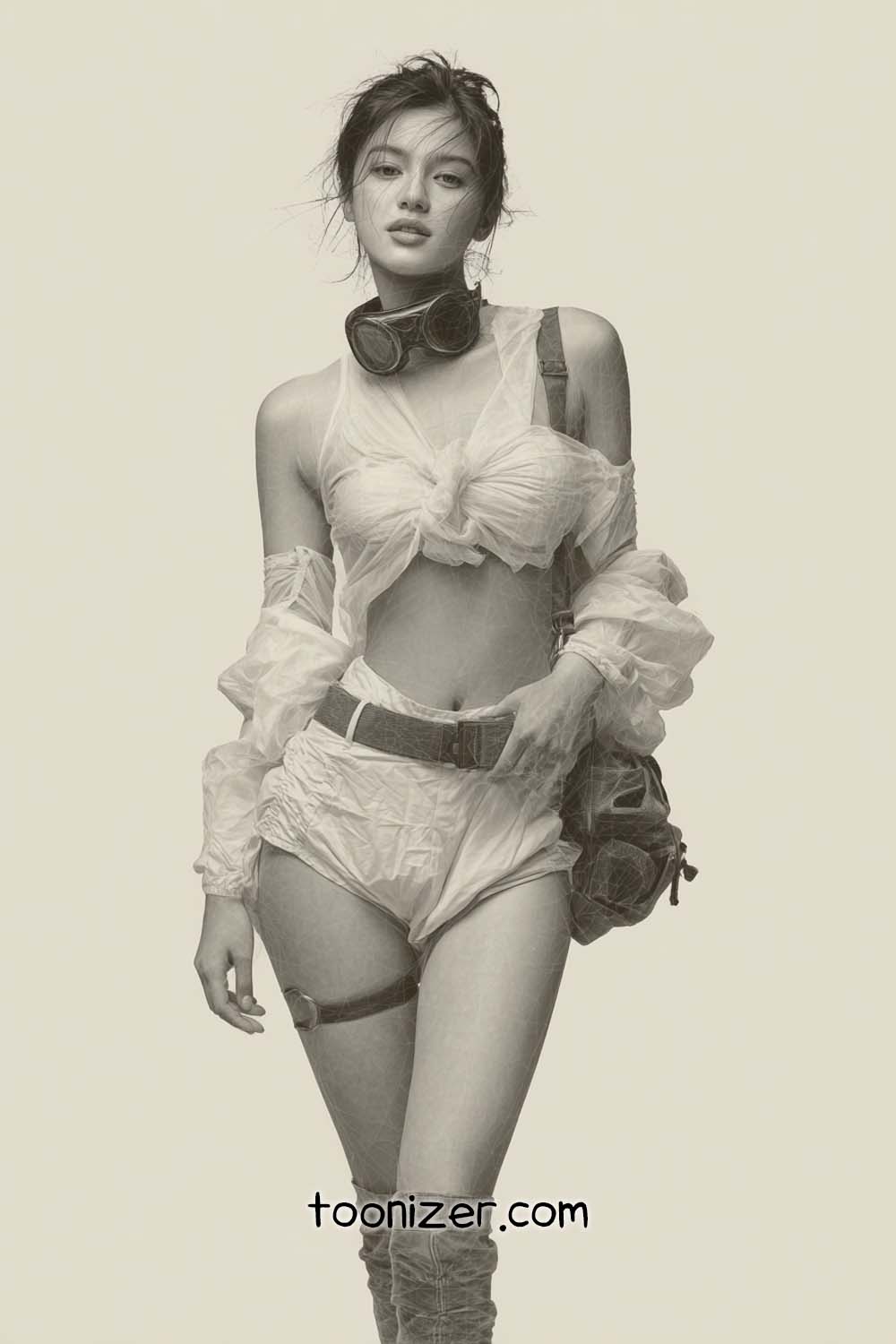 Woman in vintage fashion with goggles, monochrome image.