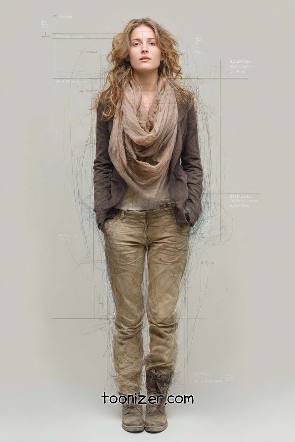 Stylish woman in neutral clothes and scarf