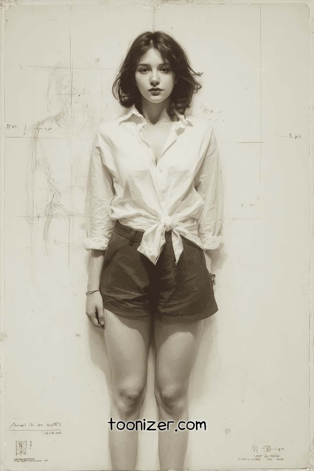 Woman in white shirt and shorts, monochrome portrait.