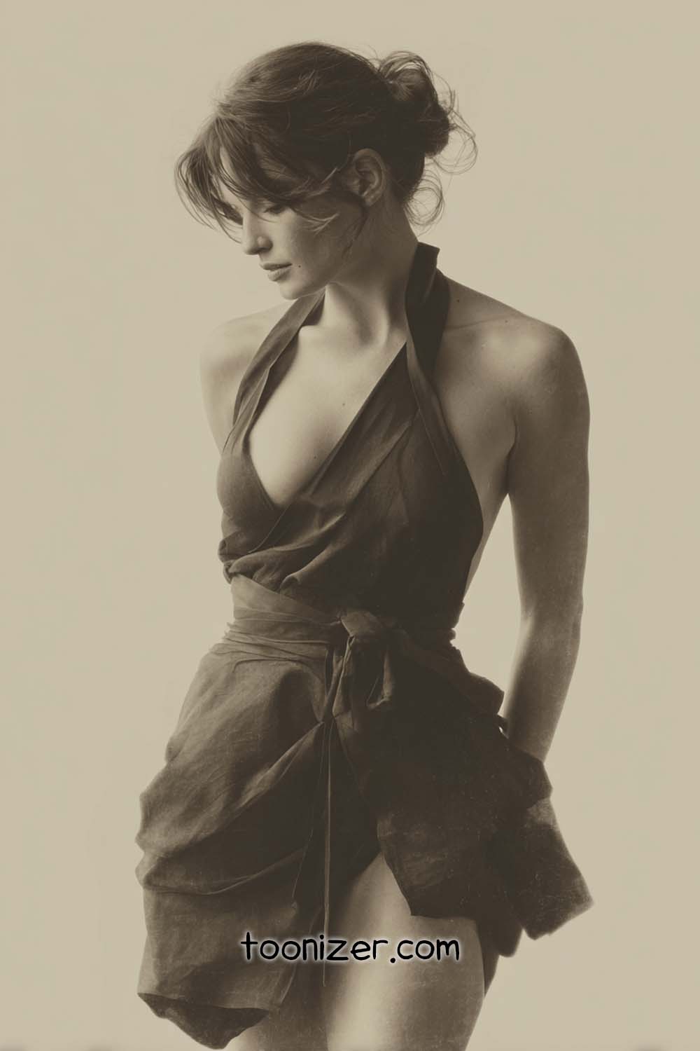 Woman in vintage halter dress, sepia tone