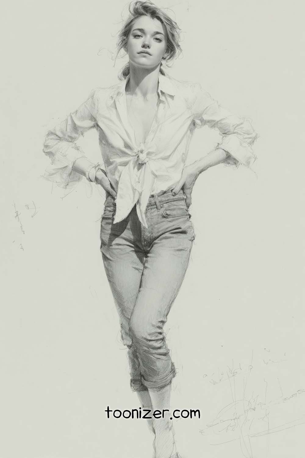 Sketch of woman in tied shirt and jeans