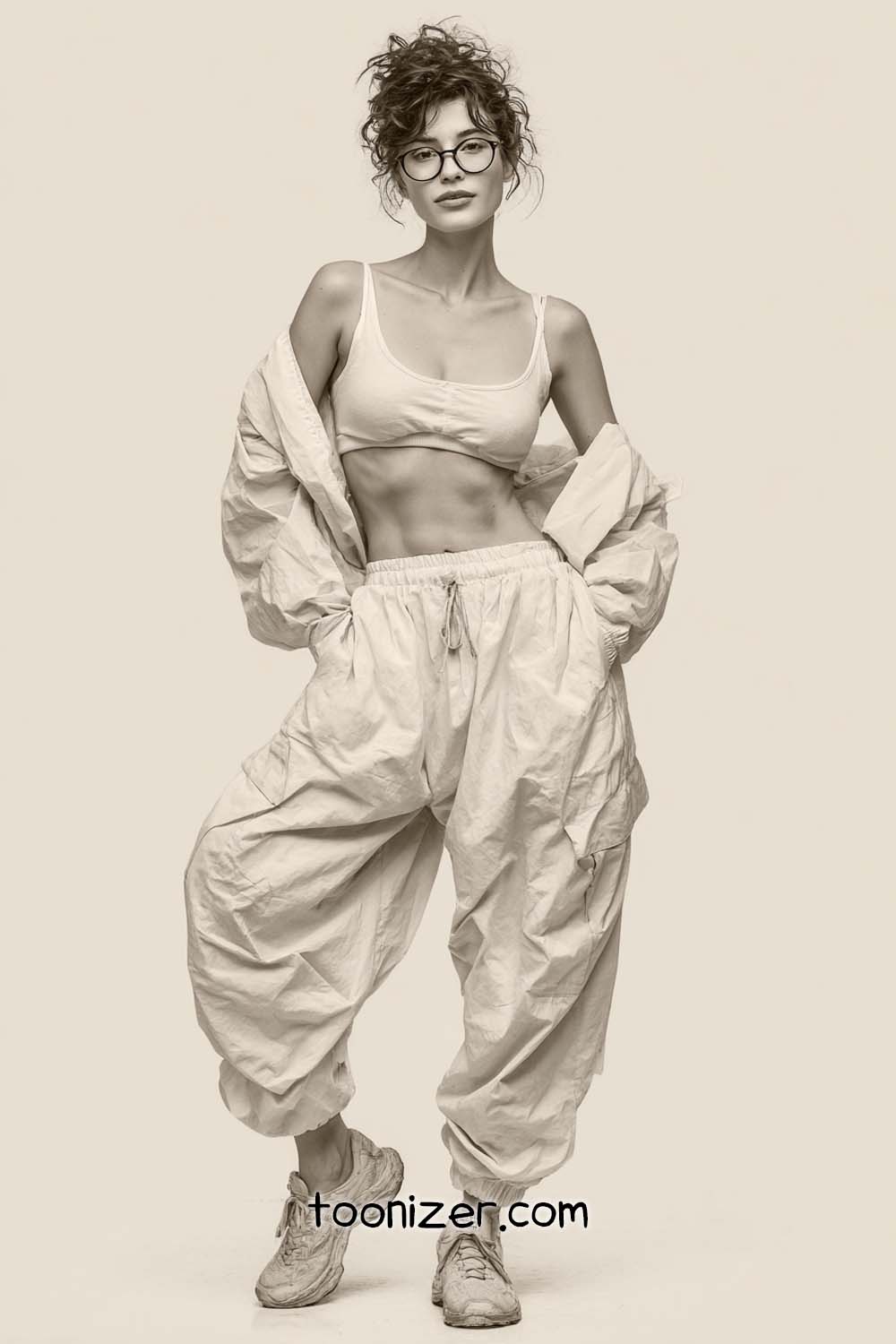 Person in stylish sportswear outfit and glasses.