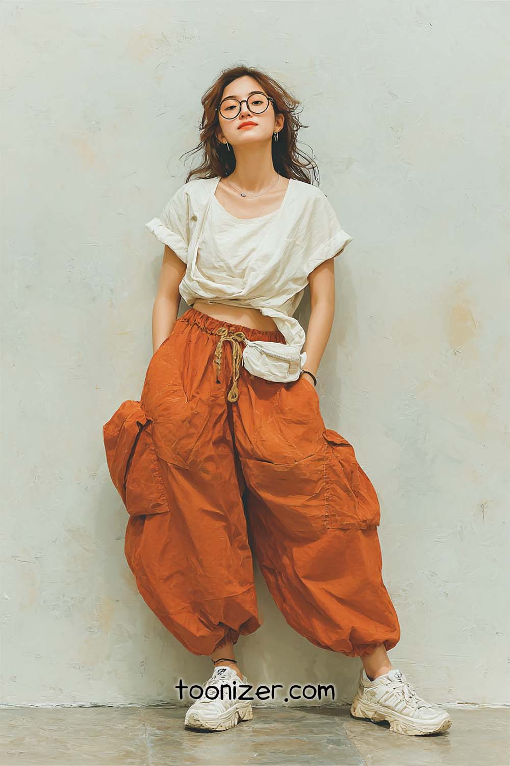 Woman in casual outfit against a textured wall.
