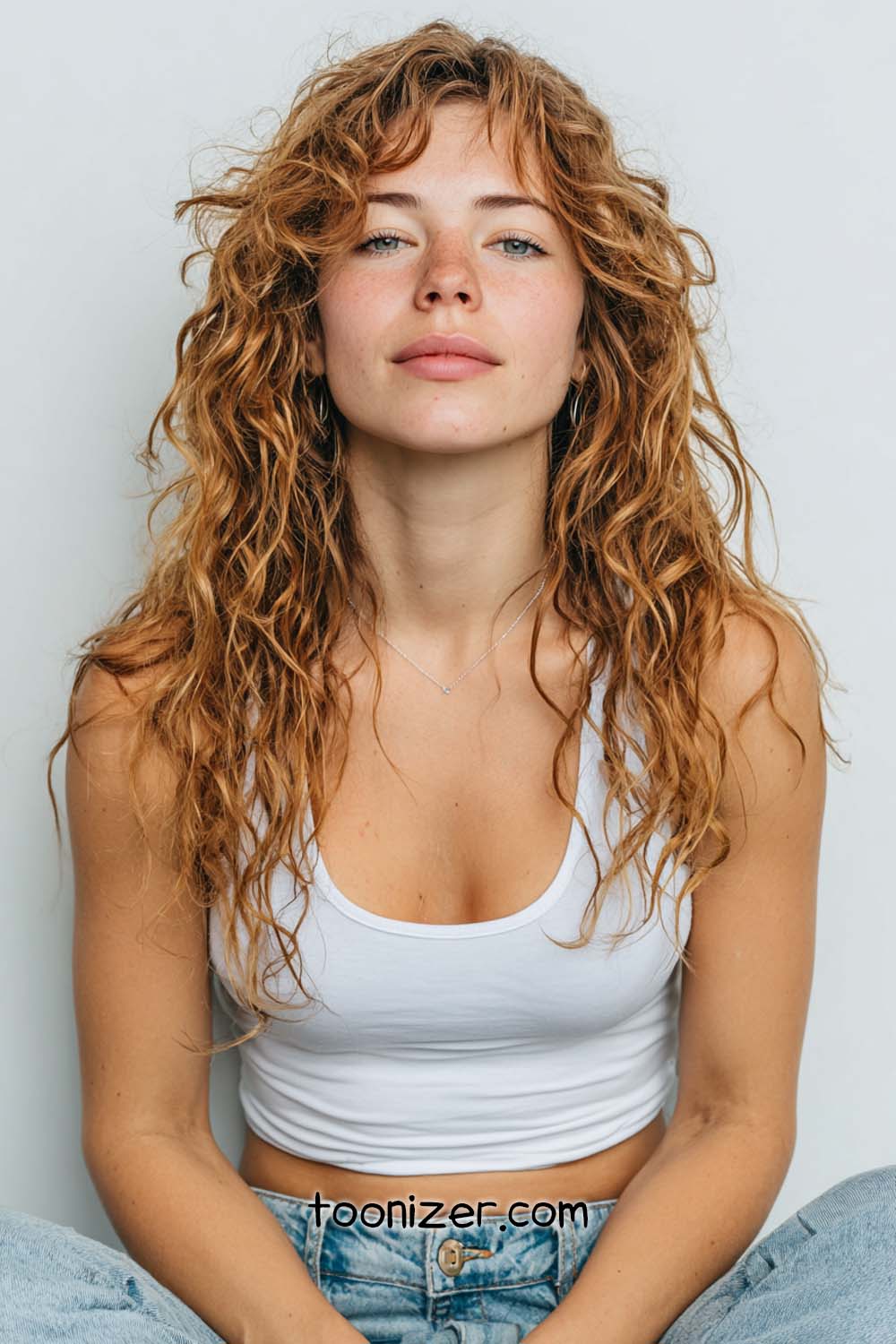 Woman with curly hair wearing white top