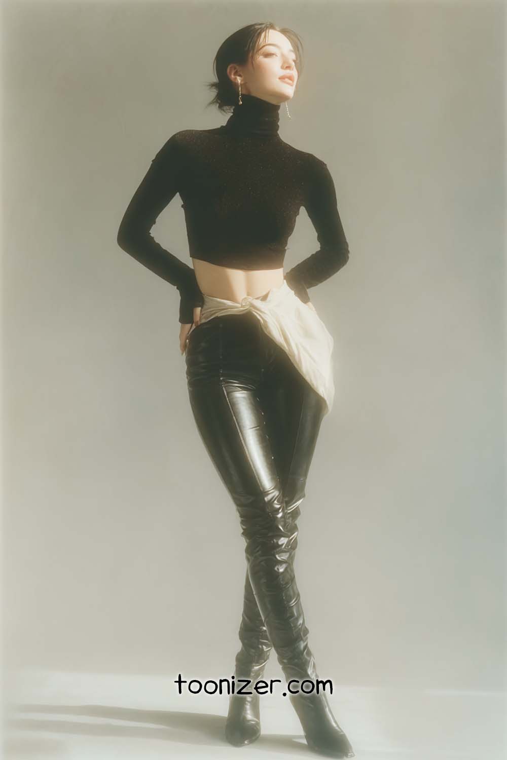 Fashionable person in black outfit posing gracefully.