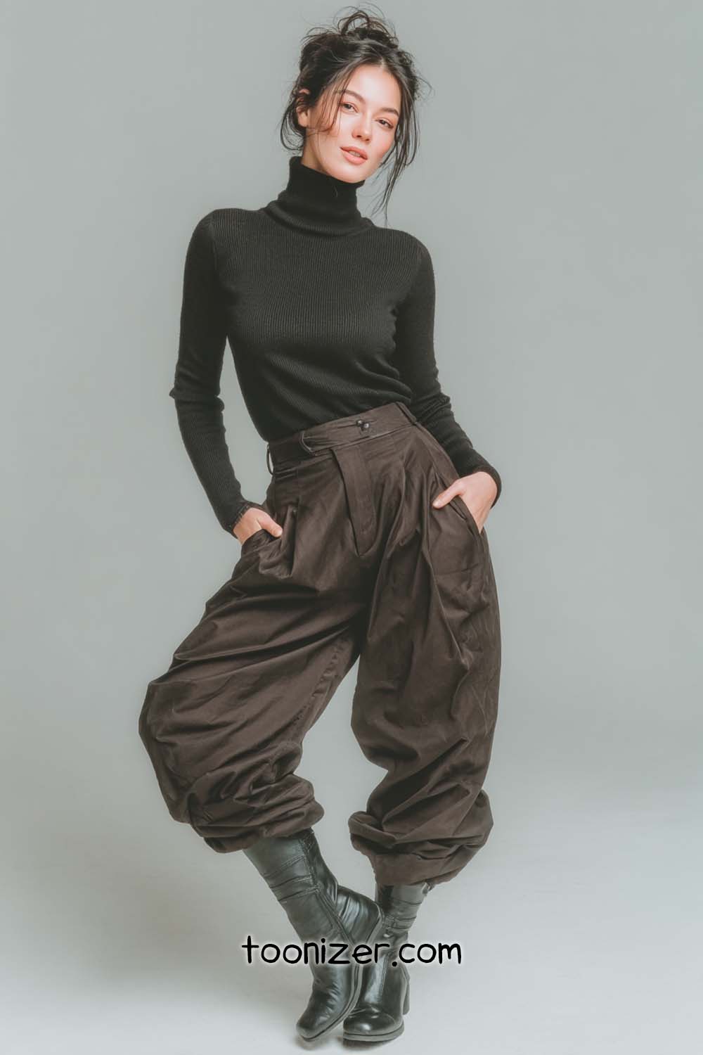 Person in stylish dark outfit and boots.