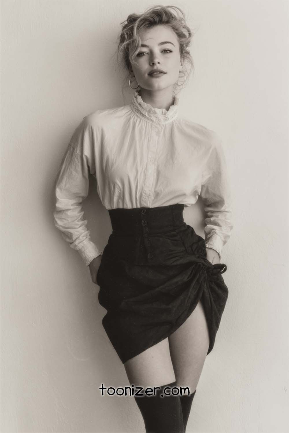 Stylish woman in high-waisted skirt and blouse.