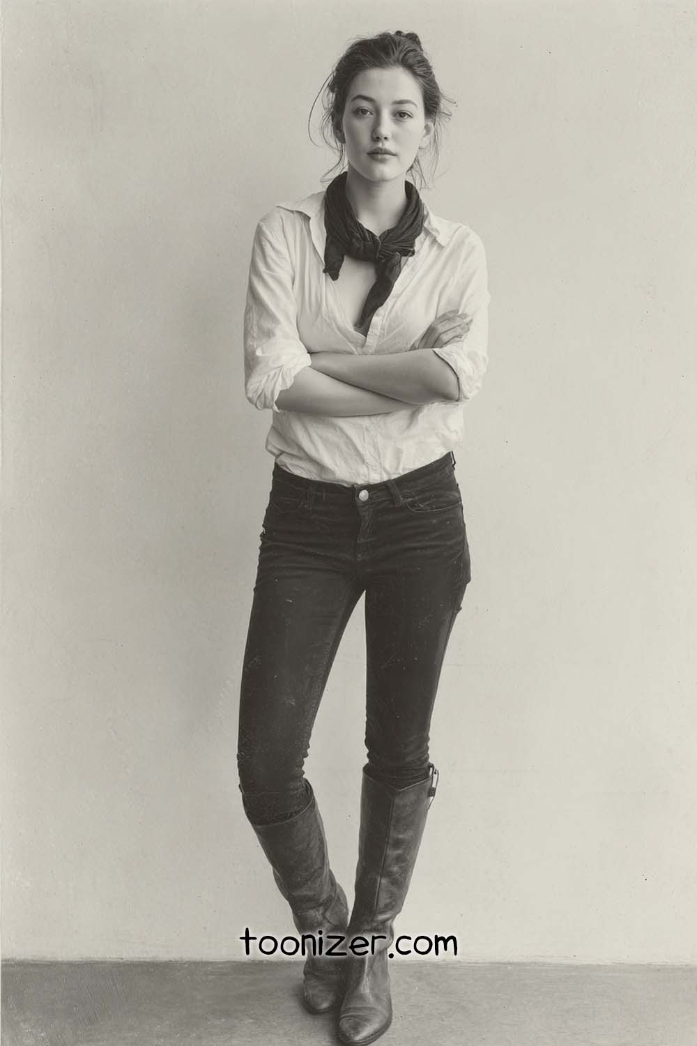 Monochrome portrait, woman in casual clothing, standing pose.