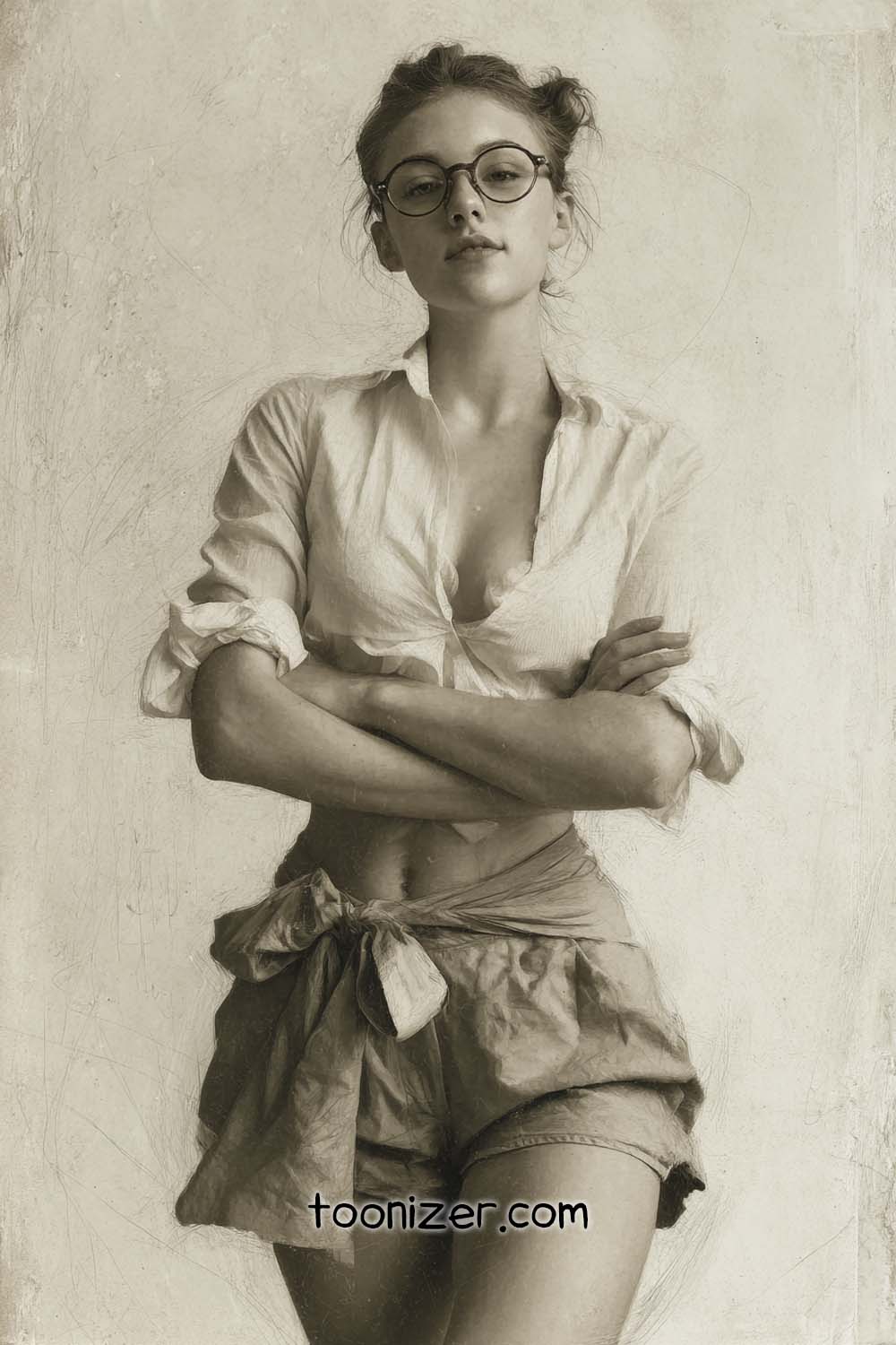 Stylish woman in glasses and tied shirt