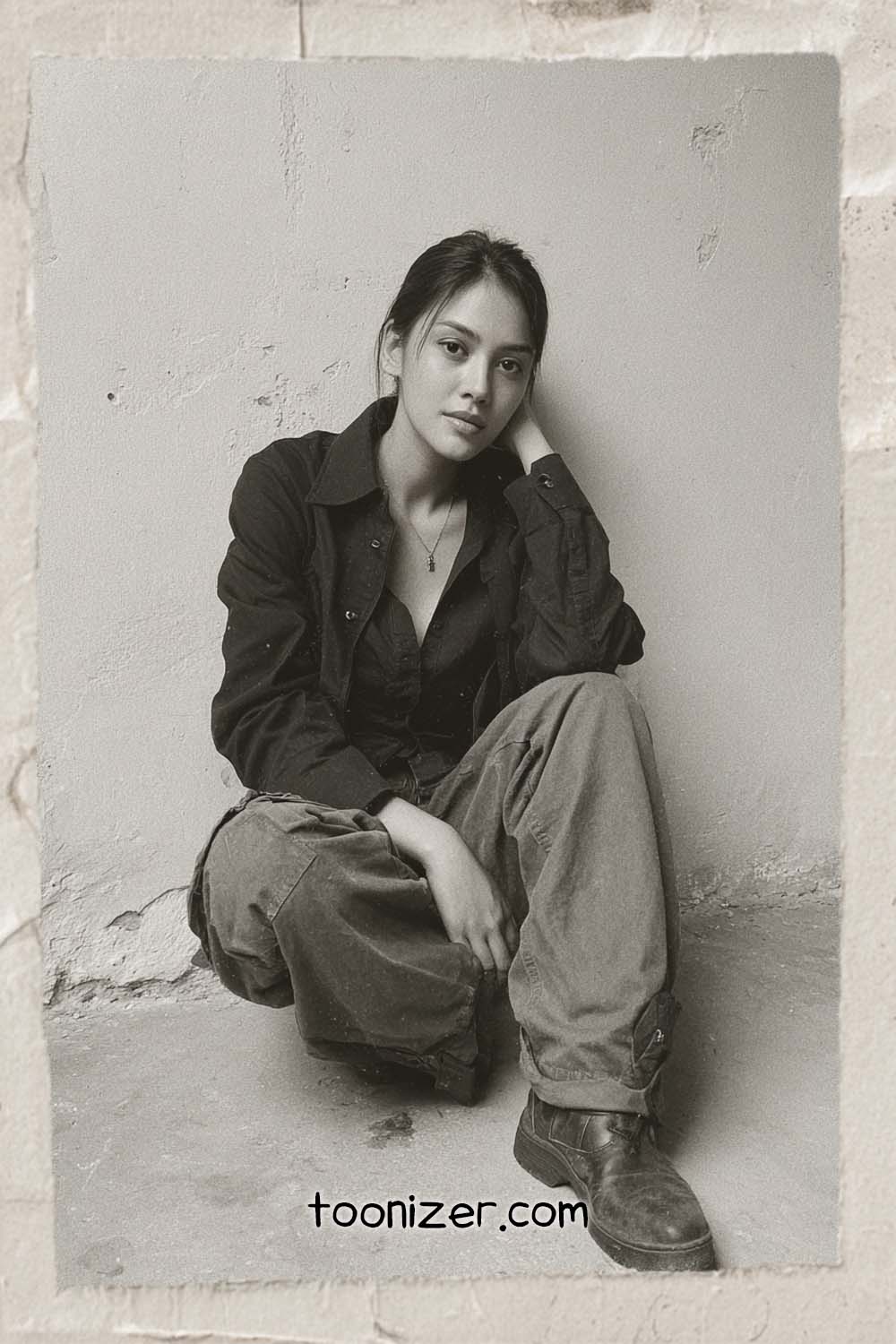 Woman seated against wall in thoughtful pose