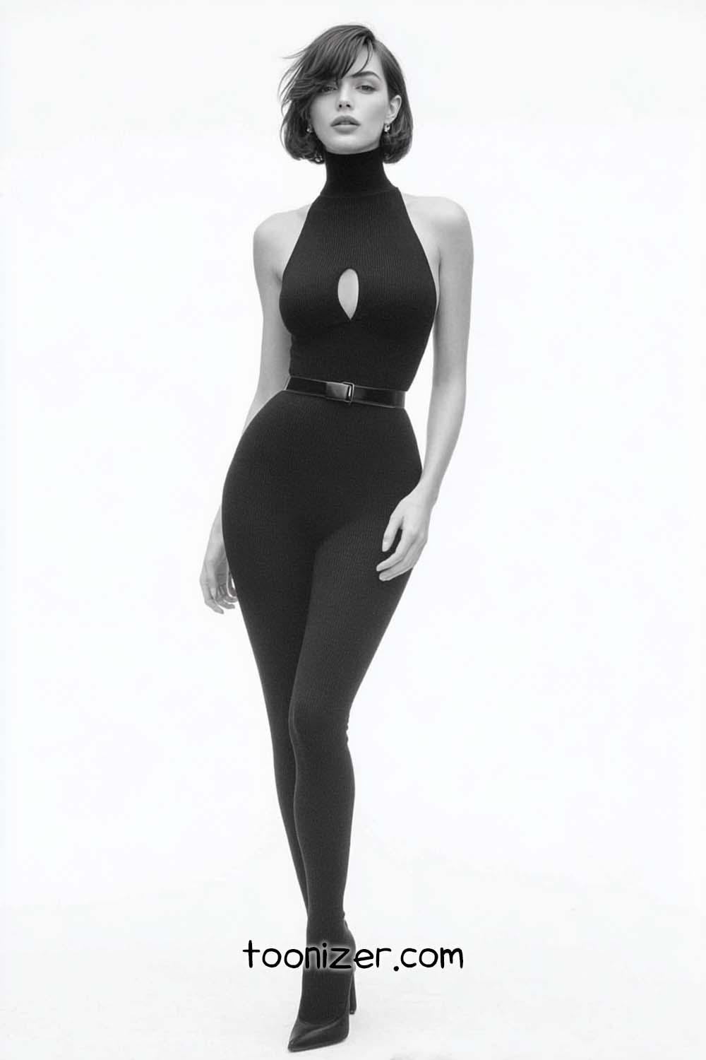 Fashionable woman in black outfit, elegant pose.