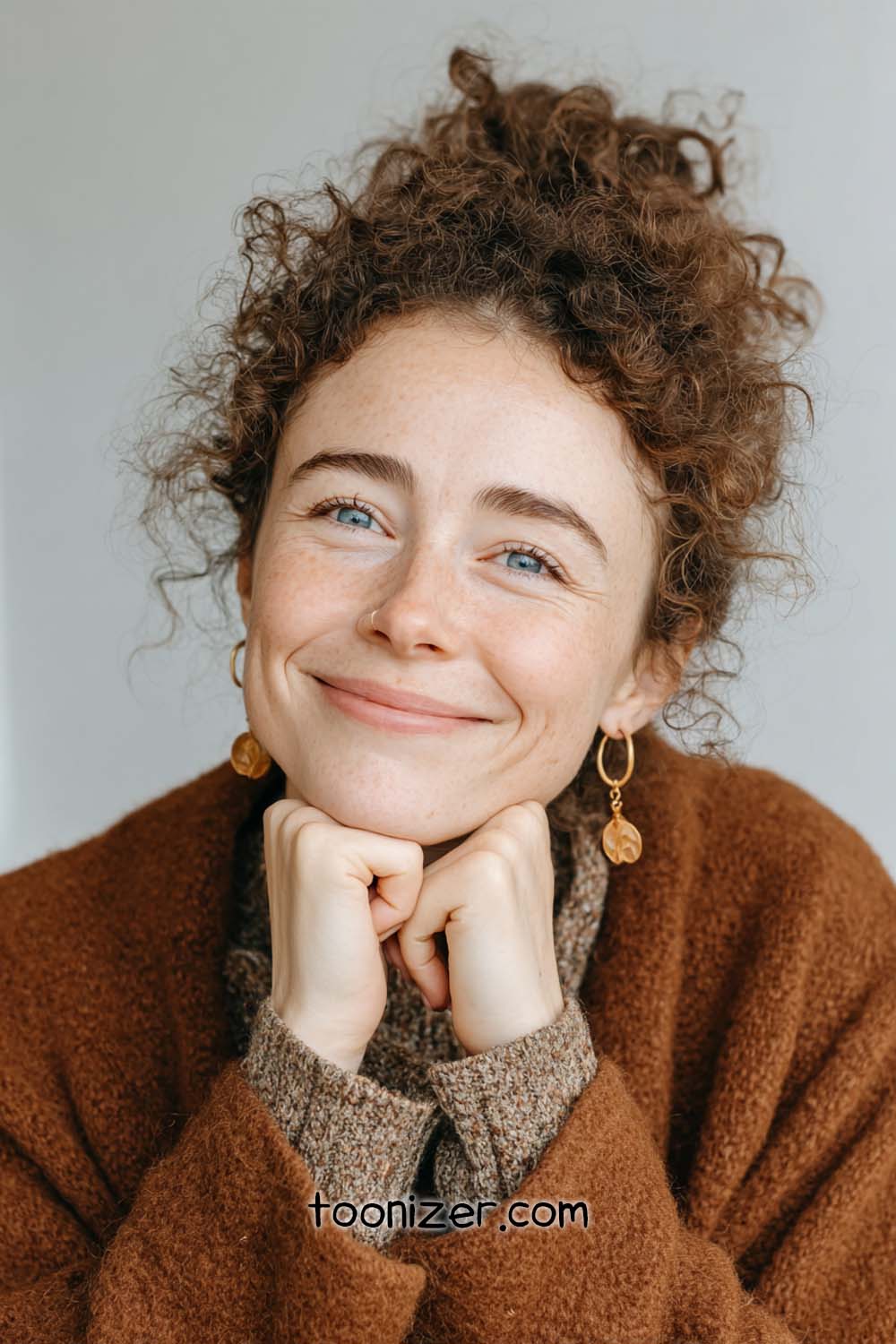 Smiling person wearing brown sweater and earrings