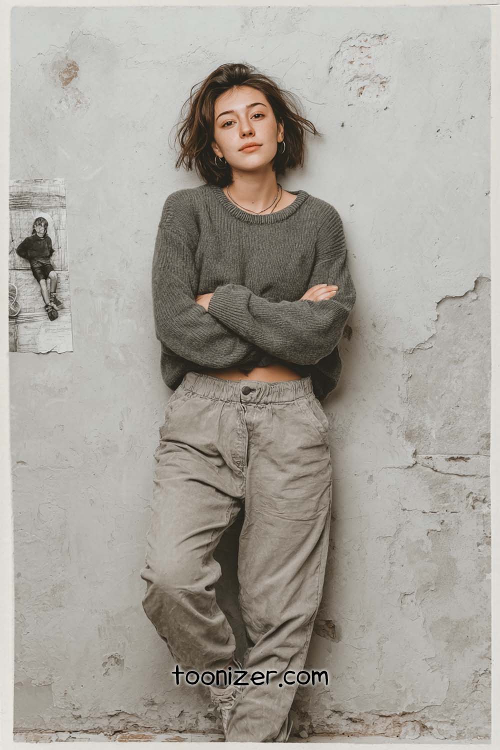 Person in casual outfit leaning against textured wall.