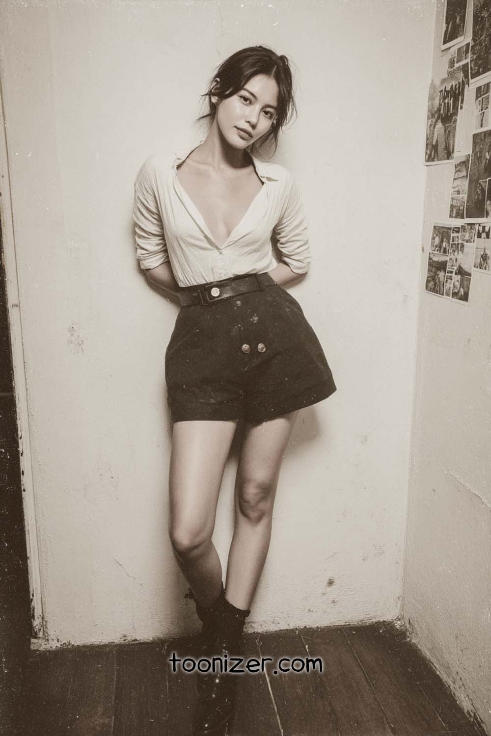 Woman in vintage-style photo leaning against wall.