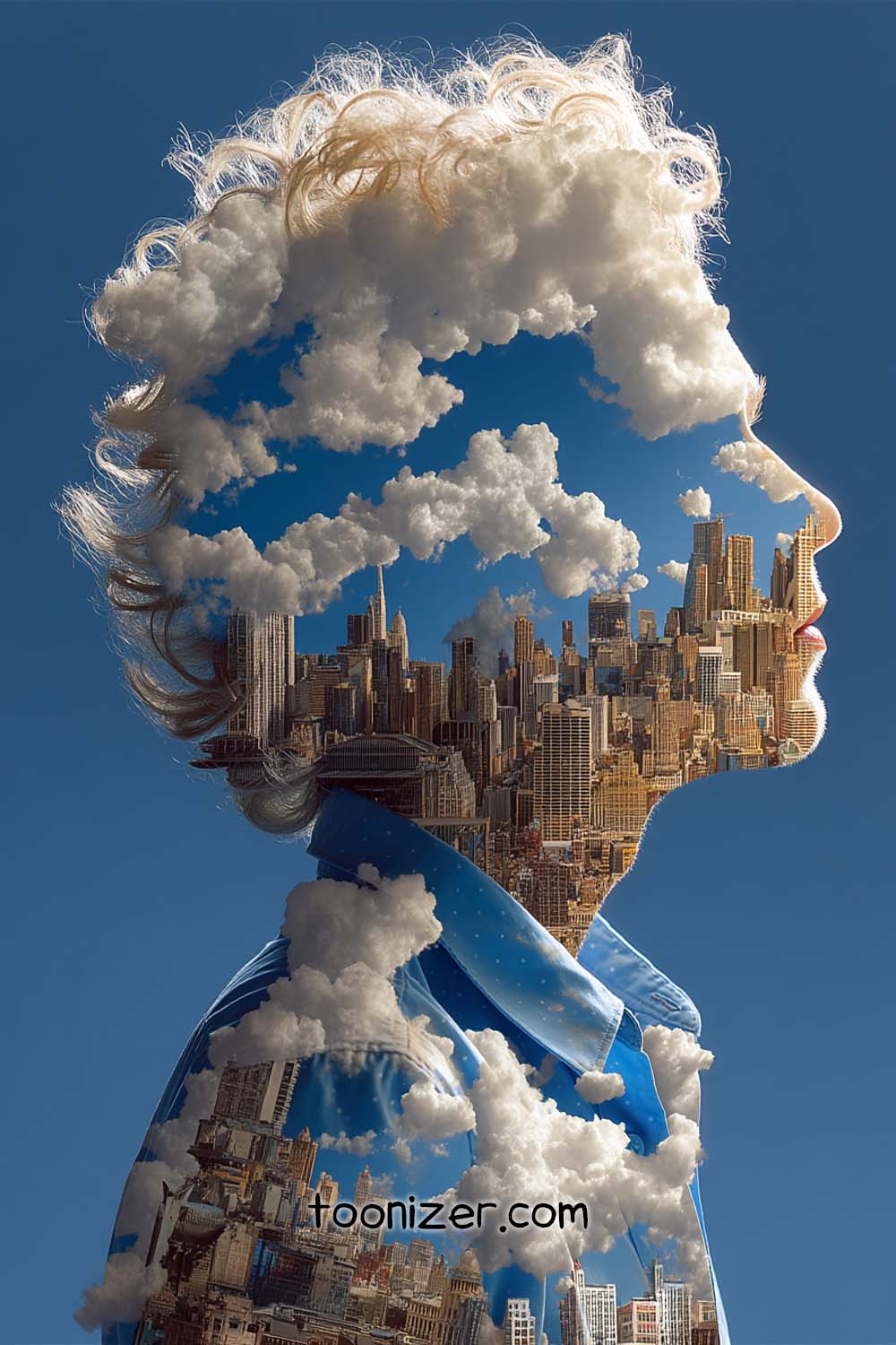 Double exposure: city skyline and clouds profile.