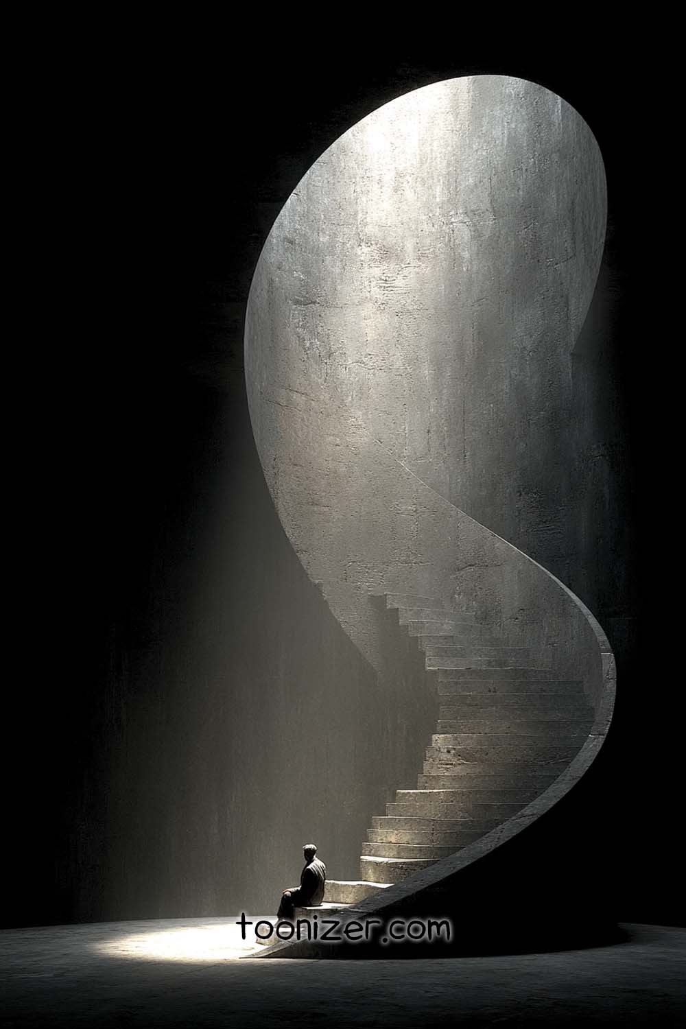 Man sitting under spiral staircase in shadowy space.