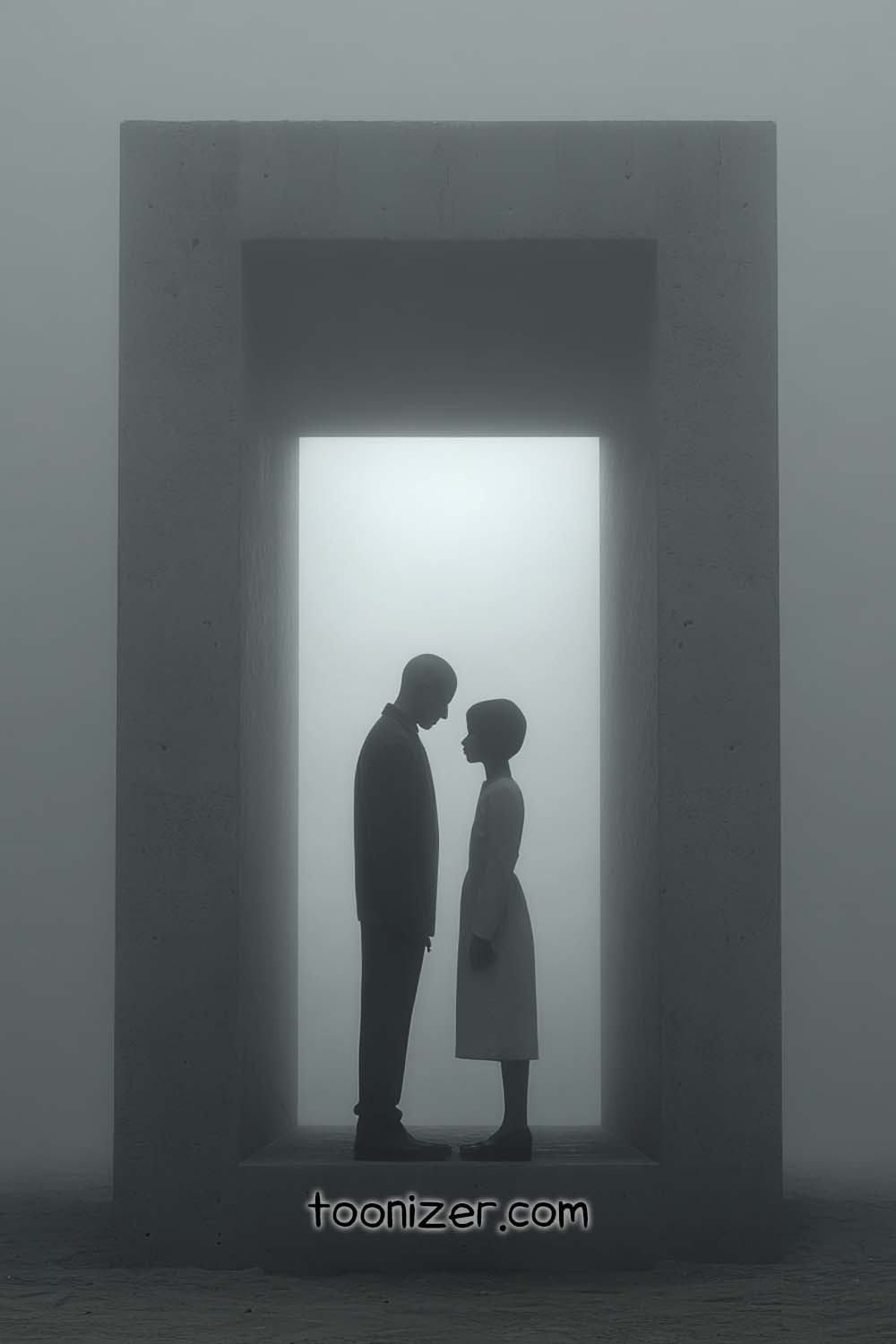 Silhouetted couple in foggy doorway scene
