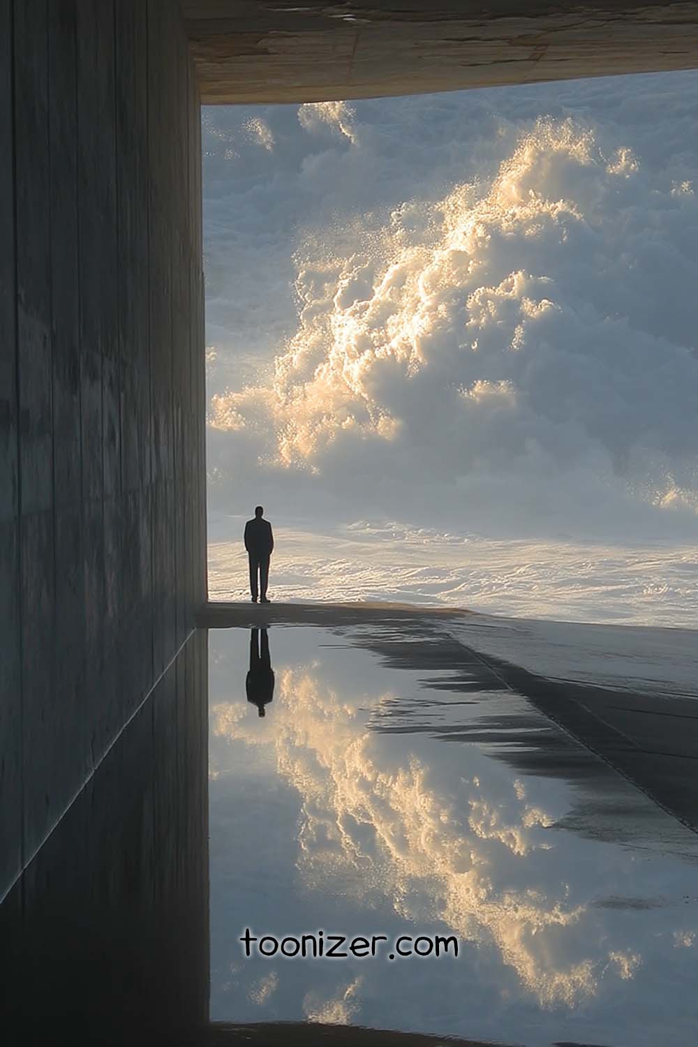Silhouette walking towards cloudy sky reflection.